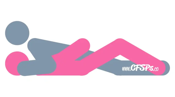 This stick figure image depicts a man and woman having sex in the Grinding the Corn sex position. The woman is lying on her back. The man is lying between her legs and supporting his upper body with his elbows on the bed beside her shoulders.