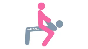 This stick figure image depicts a man and woman having sex in the Hobbyhorse sex position. The man is lying on his back on a rocking chair or recliner with his knees bent and feet on the ground. The woman is straddling his pelvis and holding his hands.