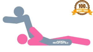 This stick figure image depicts a man and woman engaging in oral sex in the In Her Face blowjob sex position. The woman is lying on her back in bed with her head near the headboard. The man is straddling her with his knees on the bed near her side with his pelvis near her face. He's supporting his upper body with his hands on the top of the headboard.