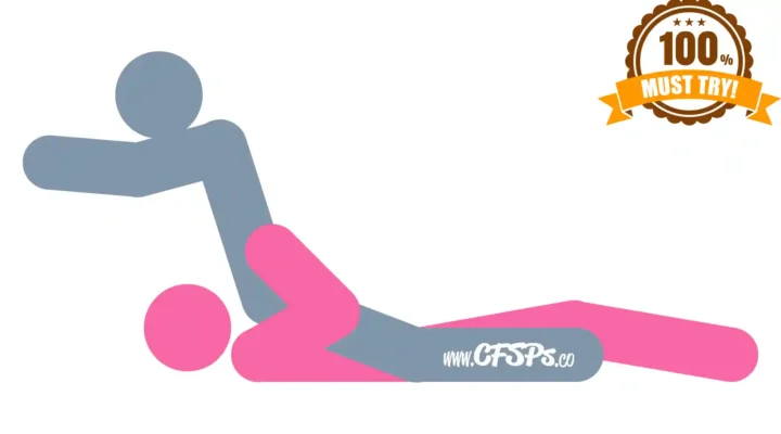 This stick figure image depicts a man and woman engaging in oral sex in the In Her Face blowjob sex position. The woman is lying on her back in bed with her head near the headboard. The man is straddling her with his knees on the bed near her side with his pelvis near her face. He's supporting his upper body with his hands on the top of the headboard.