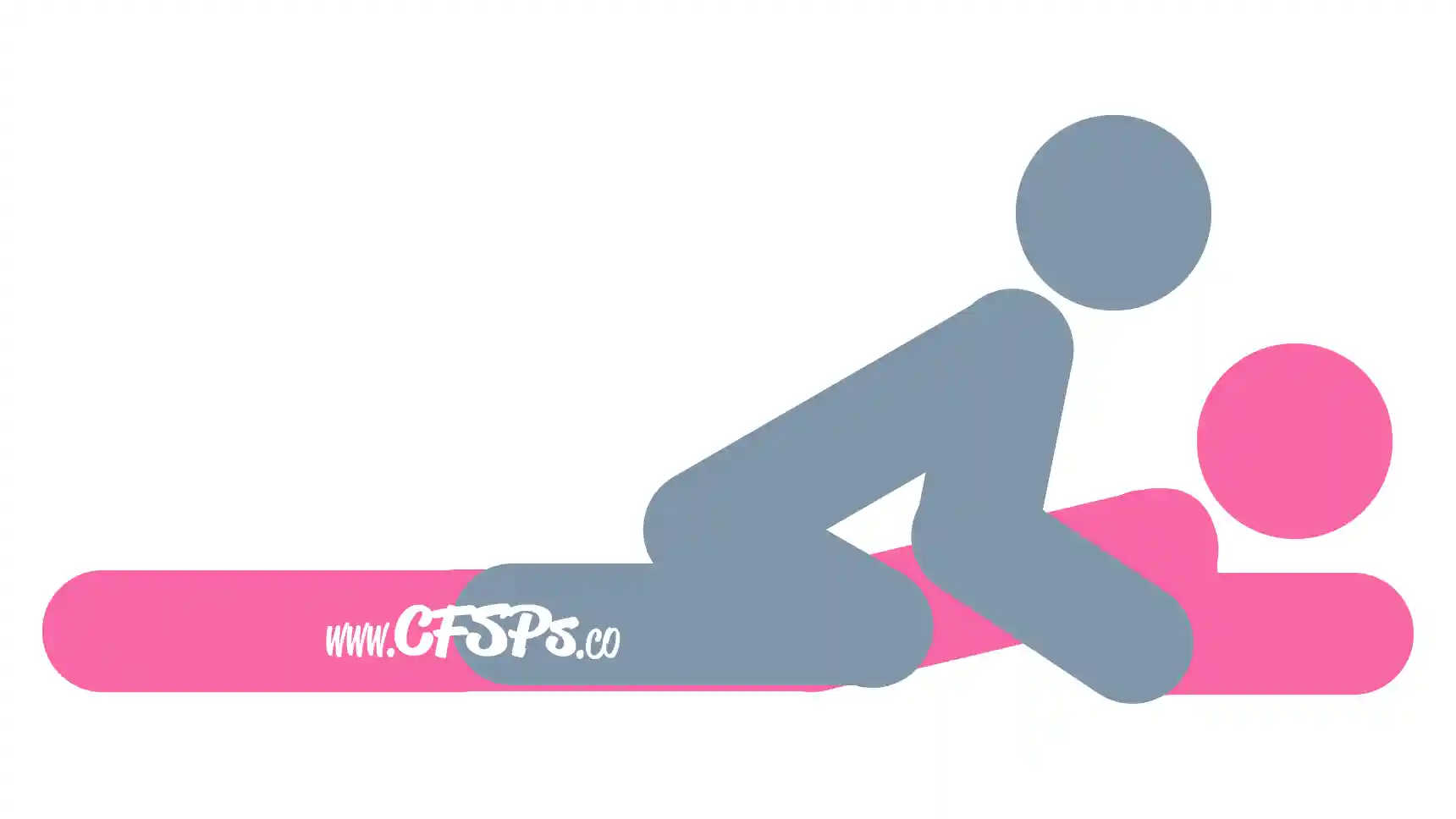 This stick figure image depicts a man and woman having sex in the Jockey sex position. The woman is lying on her stomach and supporting her upper body with her elbows on the bed. The man is straddling the woman's butt and supporting his body with his knees on the bed near her sides and his hands on the bed near her shoulders.