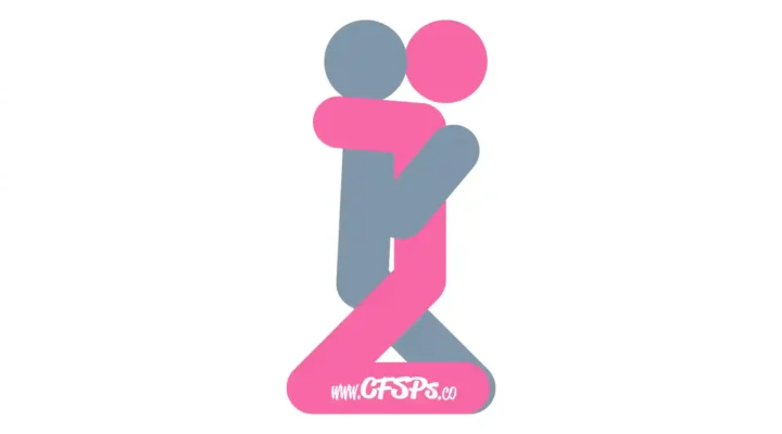 This stick figure image depicts a man and woman having sex in the Kneel sex position. The man is kneeling and sitting back about halfway down. The woman is straddling his pelvis by kneeling with her legs outside of his and her knees on the floor near his calves.