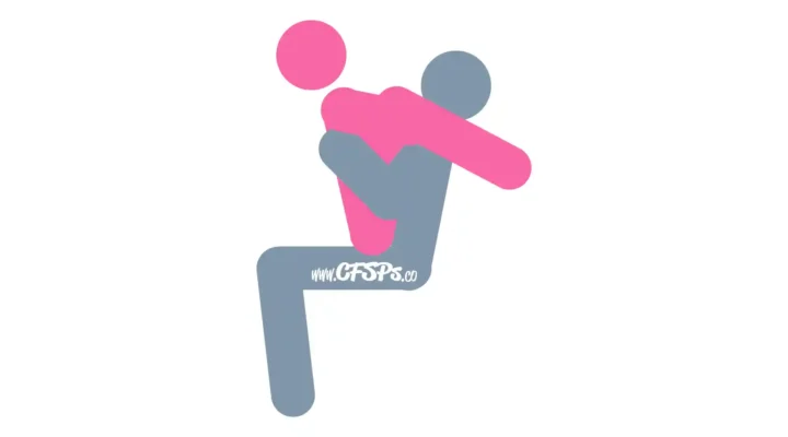 This stick figure image depicts a man and woman having sex in the Lap Top sex position. The man is sitting on the recliner or couch with his legs closed. The woman is sitting on his lap with her legs over his shoulders and arms around his neck. The man's arms are around her back for support.