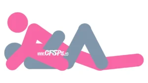This stick figure image depicts a man and woman having sex in the Lunge sex position. The man is lying on his back with his legs open, knees bent, and feet on the bed. The woman lunges between his legs and puts one foot near his side and her other leg straight back between his legs. She also supports her upper body with her arms near his shoulders.