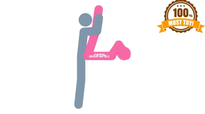 This stick figure image depicts a man and woman having sex in the Mermaid sex position. The woman is lying on her back with her butt at the edge of the bed, her legs straight up in the air and together. The man is standing before her at the edge of the bed, holding onto her legs.