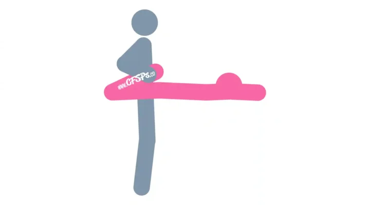 This stick figure image depicts a man and woman having sex in the Ohhh sex position. The woman is lying on her stomach with her pelvis at the edge of the bed. The man is standing behind her between her legs. The woman's legs are parallel to her body, and her knees are bent all the way. The man is holding her legs for support.