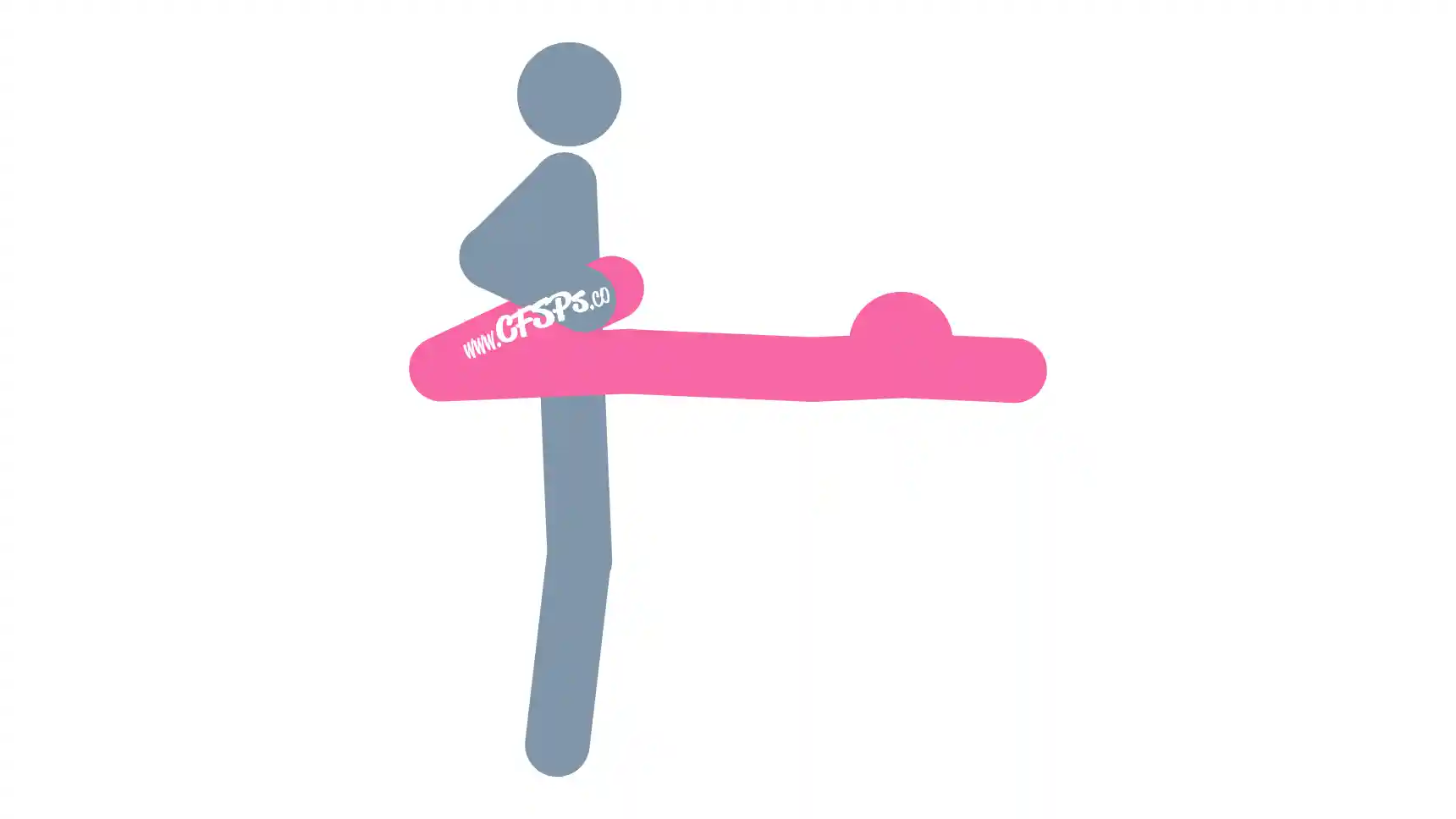 This stick figure image depicts a man and woman having sex in the Ohhh sex position. The woman is lying on her stomach with her pelvis at the edge of the bed. The man is standing behind her between her legs. The woman's legs are parallel to her body, and her knees are bent all the way. The man is holding her legs for support.