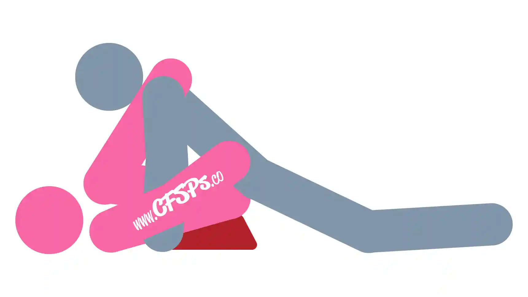 Over Easy Sex Position This stick figure image depicts a man and woman having sex using a Liberator Wedge in the Over Easy sex position. The woman is lying on her back with a wedge sex pillow under her butt, her knees lifted to her chest, and her ankles resting on his shoulders. The man is on top of her, supporting his upper body with extended arms on the bed near her shoulders.
