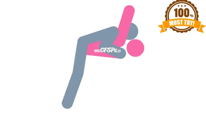 This stick figure image depicts a man and woman having sex in the Packing the Suitcase sex position. The woman is lying on her back with her butt at the edge of the bed and knees near her chest. The man is standing at the edge of the bed, leaning forward and supporting his body with his arms near her shoulders on the bed.