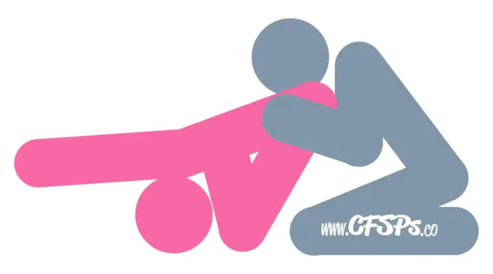 This stick figure image depicts a man and woman engaging in oral sex in the Pie in the Sky cunnilingus sex position. The woman is lying on her back with her knees near her chest. The man kneels before her and lifts her pelvis so that only her shoulders touch the bed. He's leaning forward a little so his face is near her pelvis.