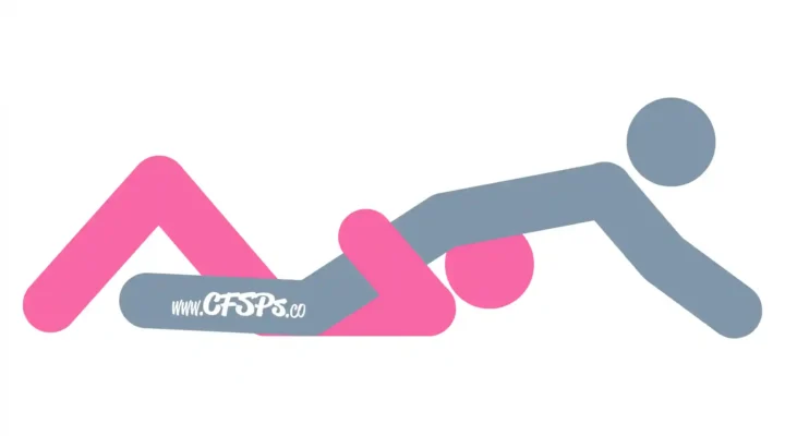 This stick figure image depicts a man and woman engaging in oral sex in the Plumber blowjob sex position. The woman is lying on her back with a pillow under her head. The man is on all fours, straddling her face with his knees near her hips and upper body supported by his arms behind her head. The woman has her hands on his butt.