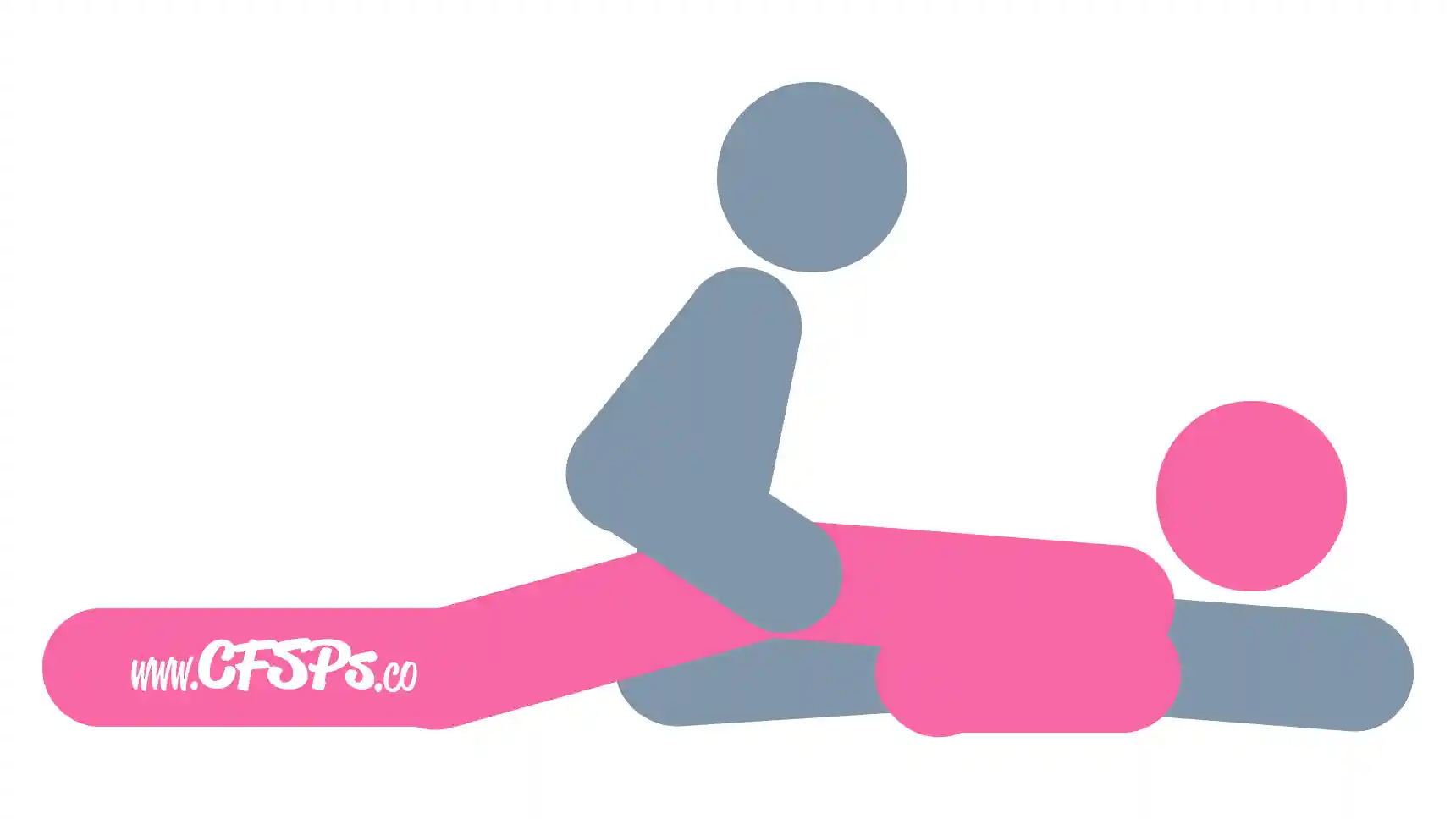 This stick figure image depicts a man and woman having sex in the Prone Tiger sex position. The man is sitting with his legs straight out and together. The woman is straddling his pelvis while she's on her stomach with her head near his feet. The man is holding onto her hips.