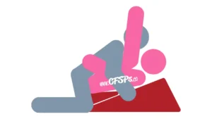 Reach for the Stars Sex Position This stick figure image depicts a man and woman having sex using a Liberator Wedge Ramp in the reach for the stars sex position. The woman is lying on a Liberator Wedge Ramp with her legs lifted until her knees touch her breasts. The man is kneeling next to her, leaning forward over her and supporting his body with his hands on the sex pillow.