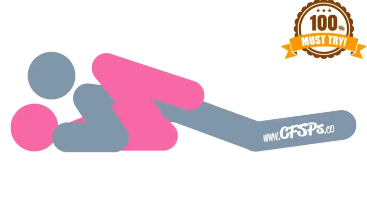 This stick figure image depicts a man and woman having sex in the Reclining Lotus sex position. The woman is lying on her back with her knees brought halfway to her chest. The man is lying between her legs with his elbows supporting his upper body beside her shoulders.