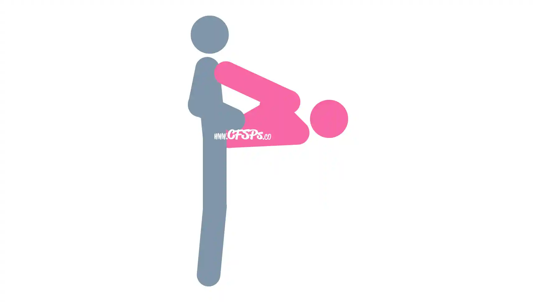Right Angle 2 Sex Position This stick figure image depicts a man and woman having sex in the Right Angle 2 sex position. The woman is lying on her back with her butt at the edge of the bed and her bent knees held against her chest by her arms. The man is standing at the edge of the bed with his pelvis next to hers.