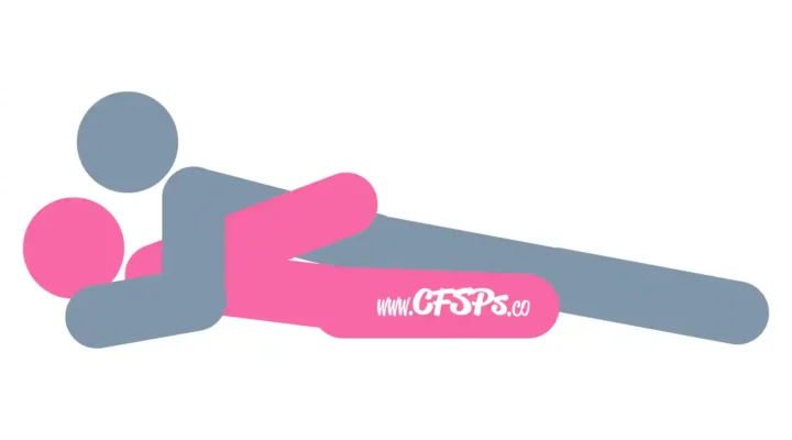 This stick figure image depicts a man and woman having sex in the Seduction sex position. The woman is lying on her back with her legs open a little and knees bent with her feet near her thighs. The man is lying between her legs and supporting his upper body with his elbows beside her shoulders.