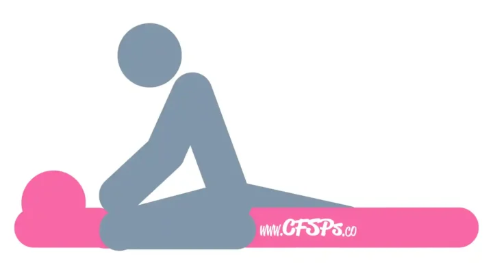 This stick figure image depicts a man and woman having sex in the Sidekick sex position. The woman is lying on her side with her head resting on her lower arm. Her lower leg is straight out, and her upper leg is bent with her knee halfway to her chest and resting on the bed. The man is straddling her leg with his hands on her side or caressing her breast.