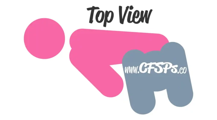 This stick figure image depicts a man and woman having sex in the Sideways Champion sex position. The woman is lying on her side with her knees brought up to her chest while on the edge of the bed. The man is standing at the edge of the bed with his pelvis near the woman's pelvis.