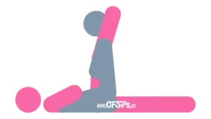 Splitting Bamboo Sex Position This stick figure image depicts a man and woman having sex in the Splitting Bamboo sex position. The woman is lying on her back with one leg straight up in the air. The man is straddling her lower leg with his pelvis near hers, holding onto her lifted leg.