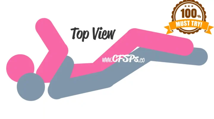 This stick figure image depicts a man and woman having sex in the Spoon sex position. The woman is lying on her side. The man is lying on his side behind her with his pelvis pressed against her butt.