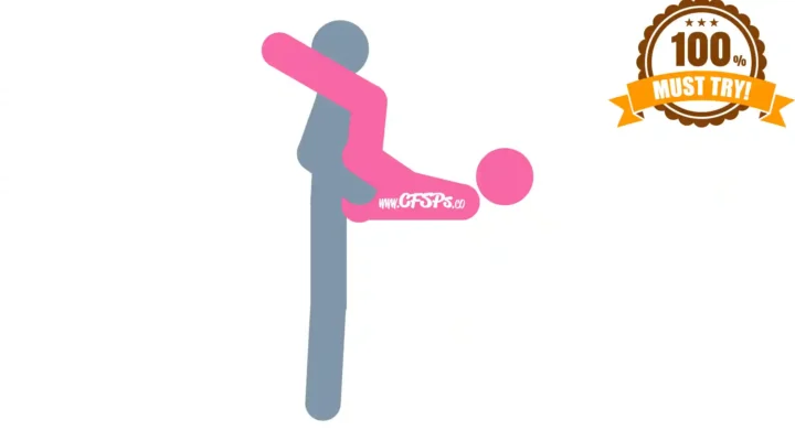 This stick figure image depicts a man and woman having sex in the Standing Missionary sex position. The woman is lying on her back with her butt at the edge of the bed and legs up and resting on his shoulders. The man stands at the edge of the bed, facing the woman.