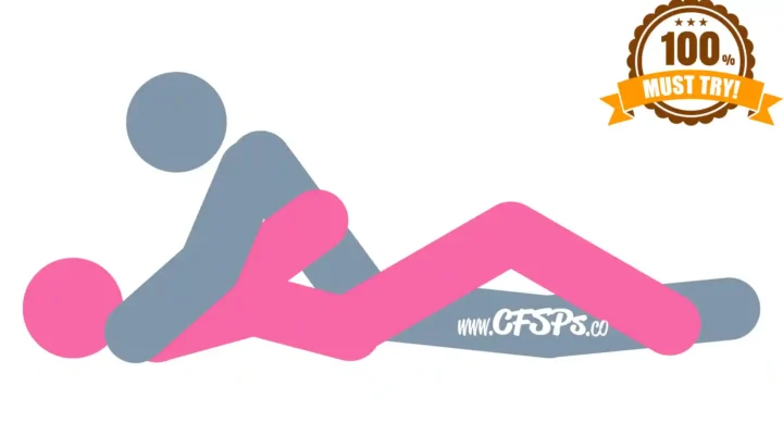 This stick figure image depicts a man and woman having sex in the Super Missionary sex position. The woman is lying on her back with her legs open, knees bent, and feet on the bed. She also has a Liberator Jaz sex pillow under her lower back. The man is lying between her legs, supporting his upper body with his arms by her shoulders.