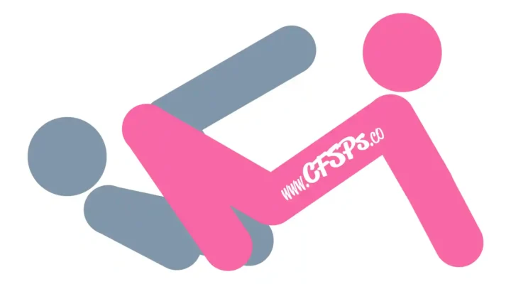 This stick figure image depicts a man and woman having sex in the Trampoline sex position. The man is lying on his back with a few pillows under his neck and head and his legs up in the air, knees bent. The woman is straddling his pelvis with her feet near his hips and knees bent. She's leaning back and supporting her upper body with her arms behind her.