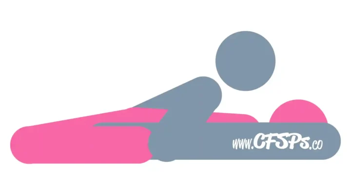 This stick figure image depicts a man and woman having sex in the Triumph Arch sex position. The man is sitting with his legs straight out and together. The woman is lying on her back on his legs with her legs open, knees bent, and feet near her thighs while straddling his pelvis.