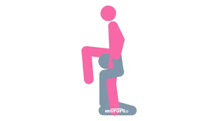 This stick figure image depicts a man and woman engaging in oral sex in the Under the Cuckoo's Nest cunnilingus sex position. The woman is standing with one foot resting on a chair or sofa. The man is kneeling between her legs while facing her and sitting back on his feet. He's also holding her butt with his hands.